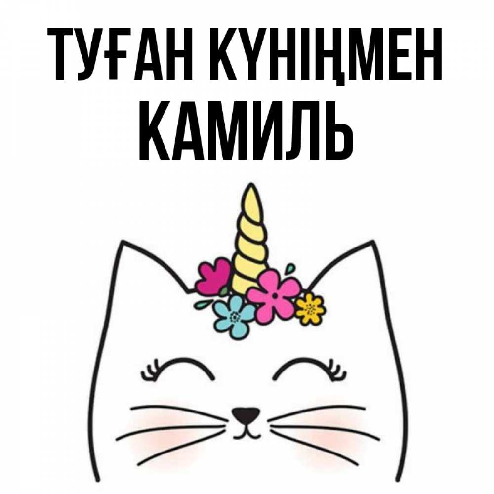 Күн сайын ашық хат с именем, Камиль Туған күніңмен милый кот с одним рожком Онлайн тегін жүктеп алу тілектері бар керемет карта 