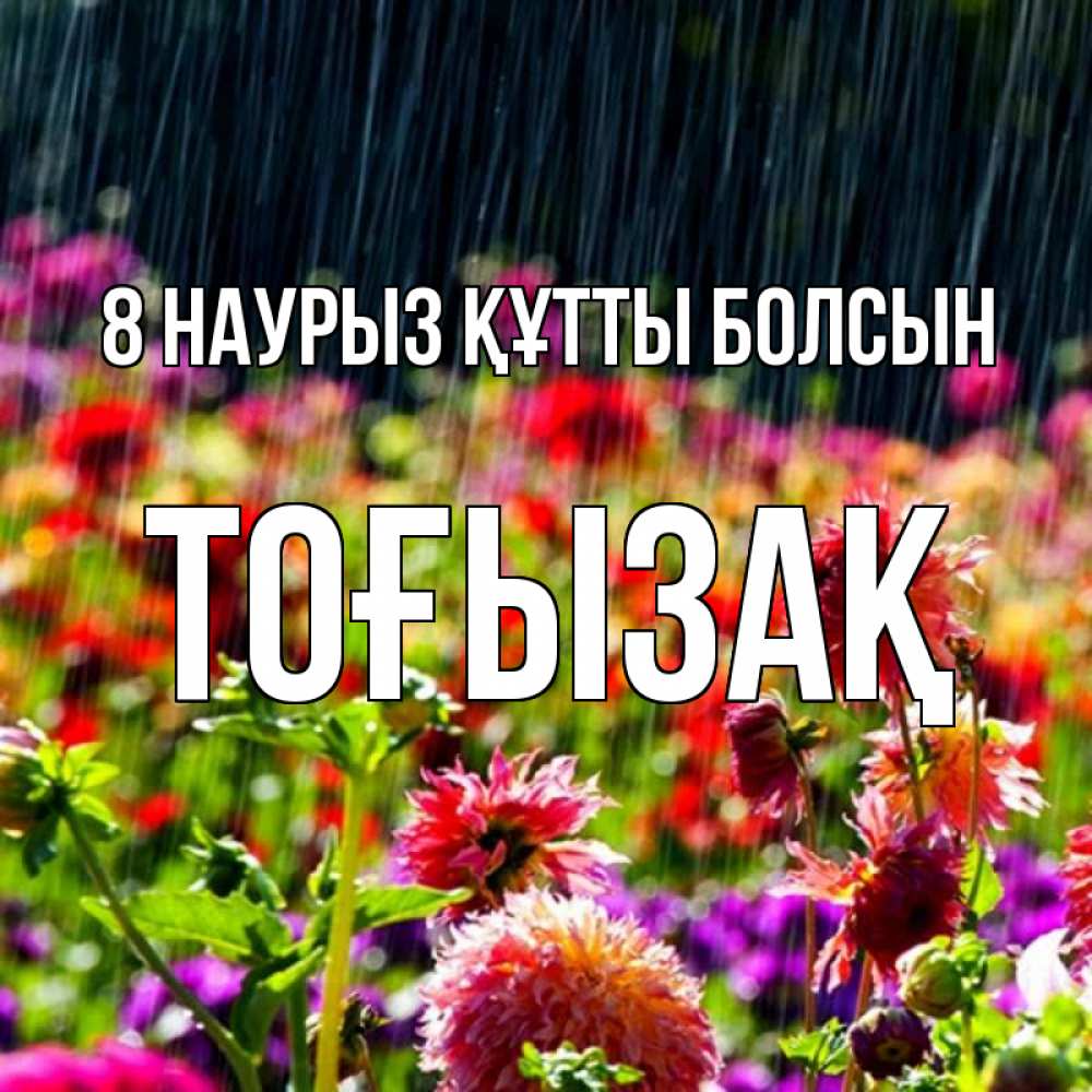 Күн сайын ашық хат с именем, ТОҒЫЗАҚ 8 наурыз құтты болсын цветы под дождиком к международному женскому дню Онлайн тегін жүктеп алу тілектері бар керемет карта 