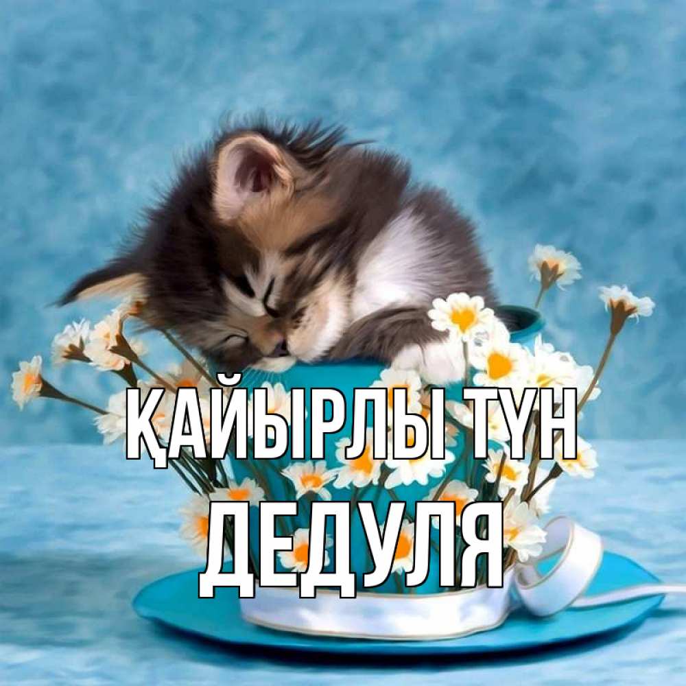 Күн сайын ашық хат с именем, Дедуля Қайырлы түн котенок спит в кружке с блюдцем Онлайн тегін жүктеп алу тілектері бар керемет карта 