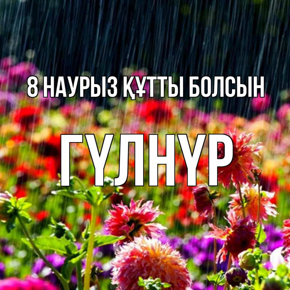 Күн сайын ашық хат с именем, ГҮЛНҮР 8 наурыз құтты болсын цветы под дождиком к международному женскому дню Онлайн тегін жүктеп алу тілектері бар керемет карта 