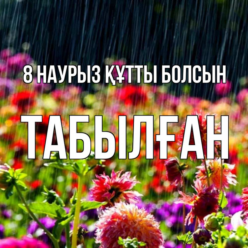 Күн сайын ашық хат с именем, ТАБЫЛҒАН 8 наурыз құтты болсын цветы под дождиком к международному женскому дню Онлайн тегін жүктеп алу тілектері бар керемет карта 