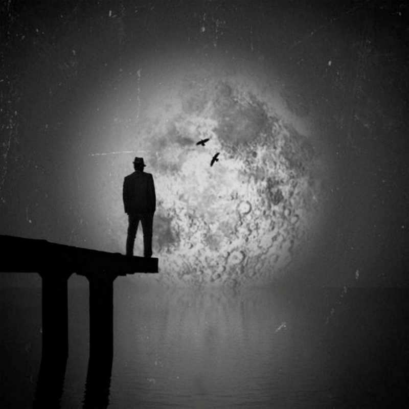 Открытка птицы луна мост  мужчина на мосту  Мұңайма 