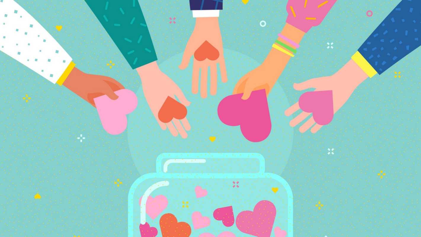 Открытка люди собирают сердца в банку  С днем волонтера  Еріктілер күні құтты болсын 