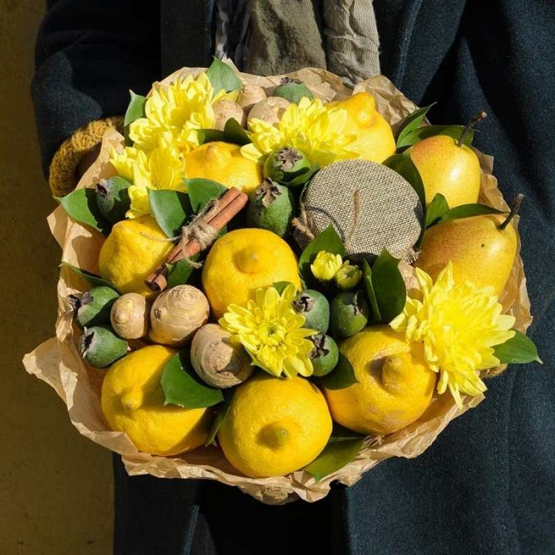 Открытка желтые цветы и лимоны  букет витаминов  Жазыл 