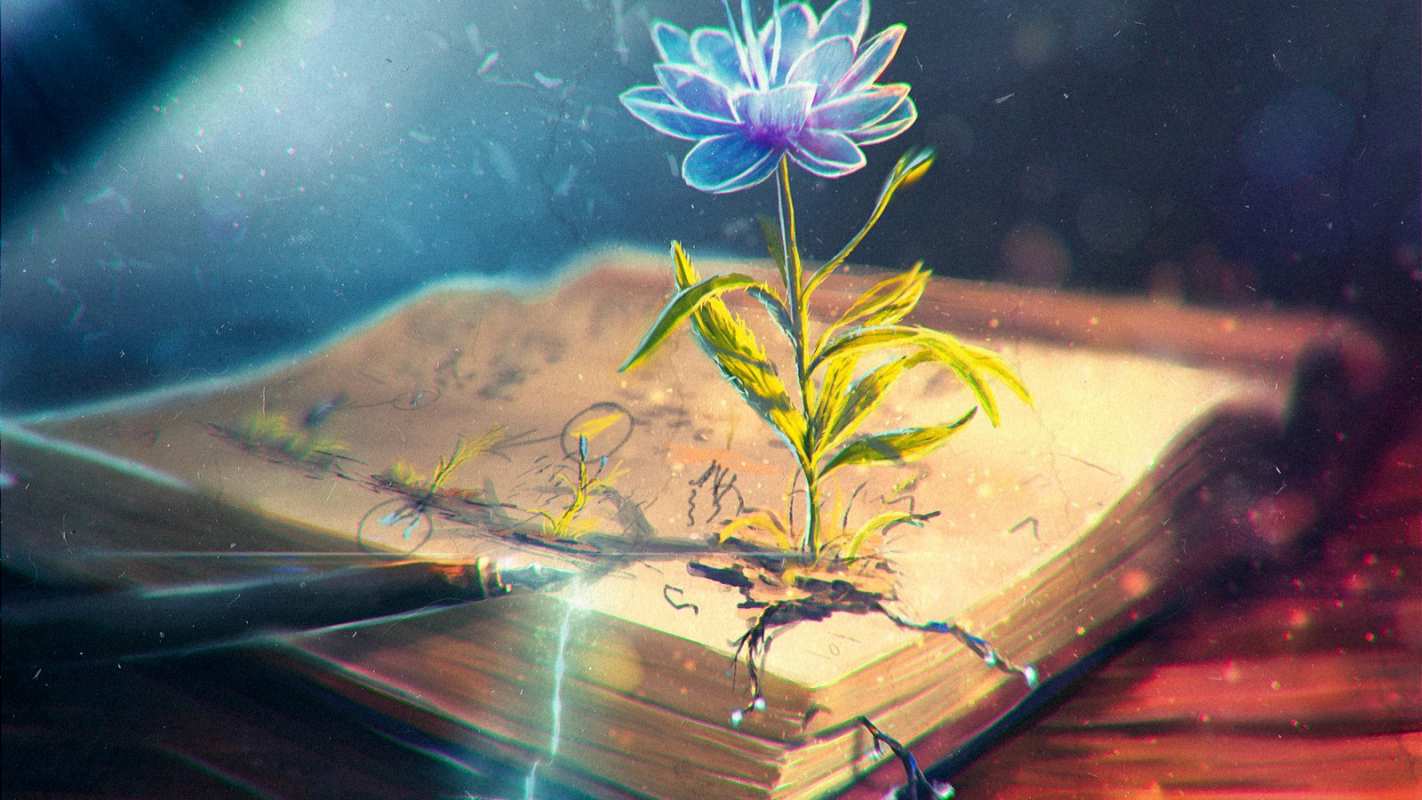 Открытка цветок знаний пророс из книги  с днем учителя   Мұғалімдер күнімен 