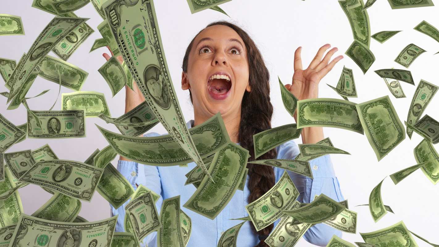 Открытка счастливый бухгалтер и летящие доллары  с днем бухгалтера  бухгалтер күні құтты болсын 