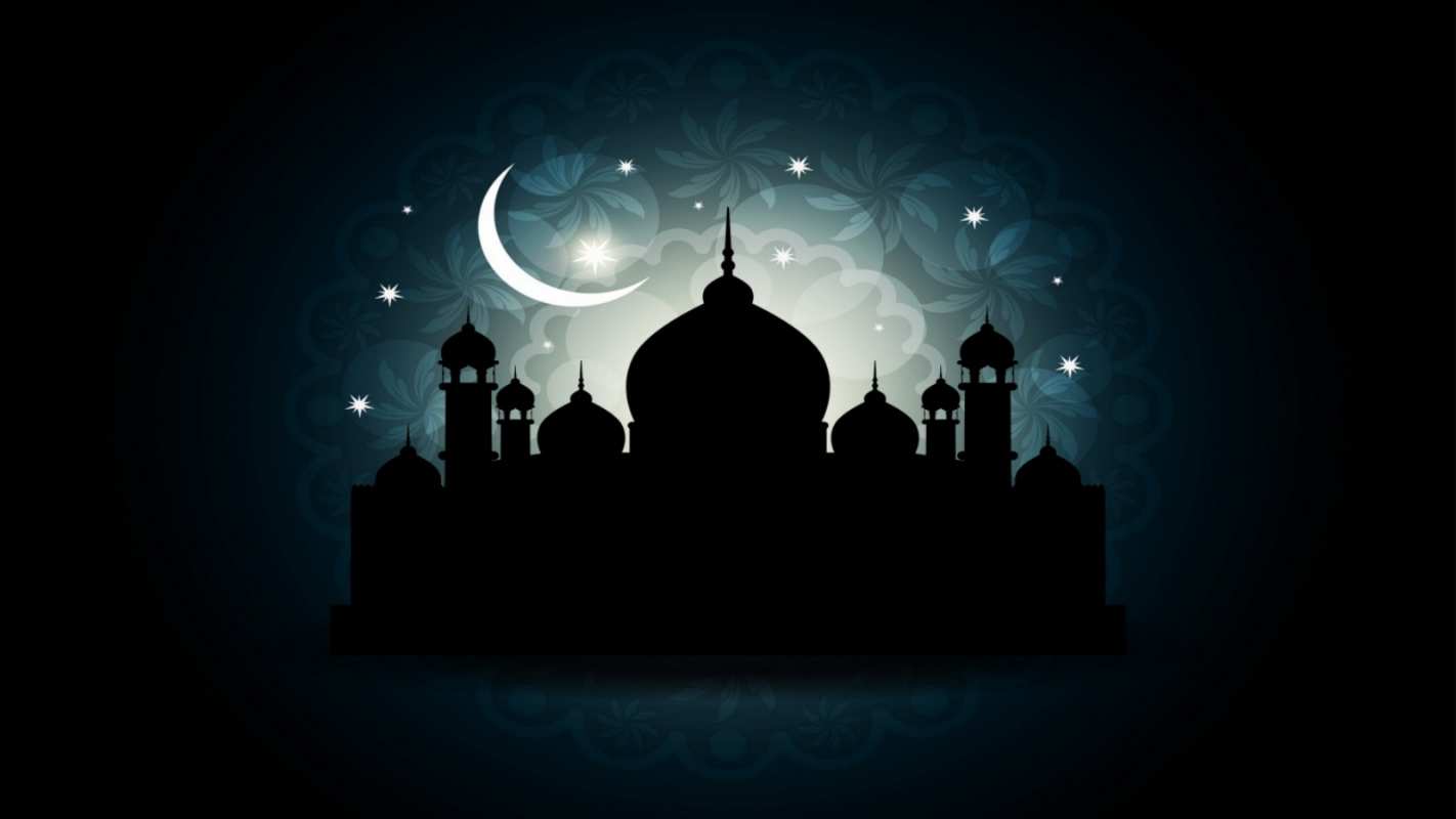 Открытка мечеть и месяц со звездным небом  мечеть  Құрбан айтпен 