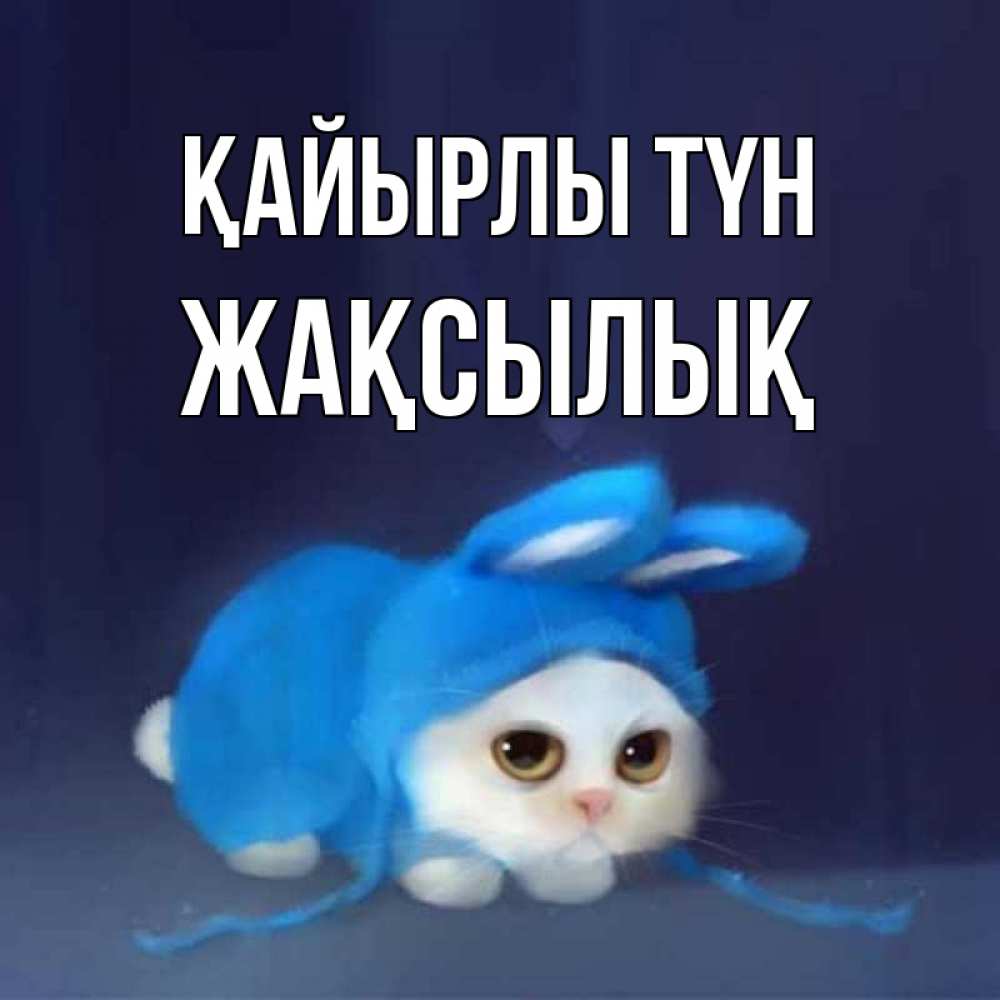 Күн сайын ашық хат с именем, Жақсылық Қайырлы түн кот в голубом костюме кролика с ушками Онлайн тегін жүктеп алу тілектері бар керемет карта 