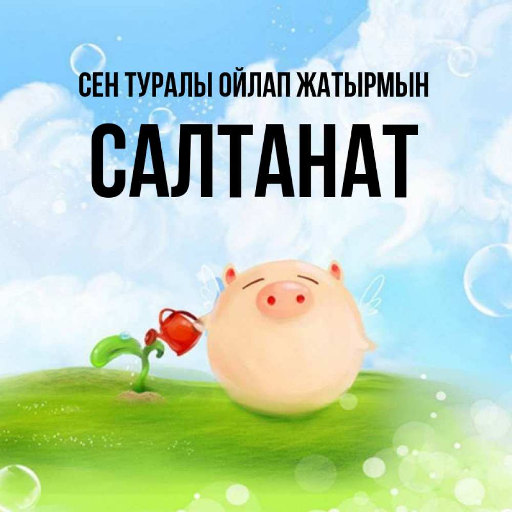 Күн сайын ашық хат с именем, САЛТАНАТ Сен туралы ойлап жатырмын позитивная свинюшка Онлайн тегін жүктеп алу тілектері бар керемет карта 