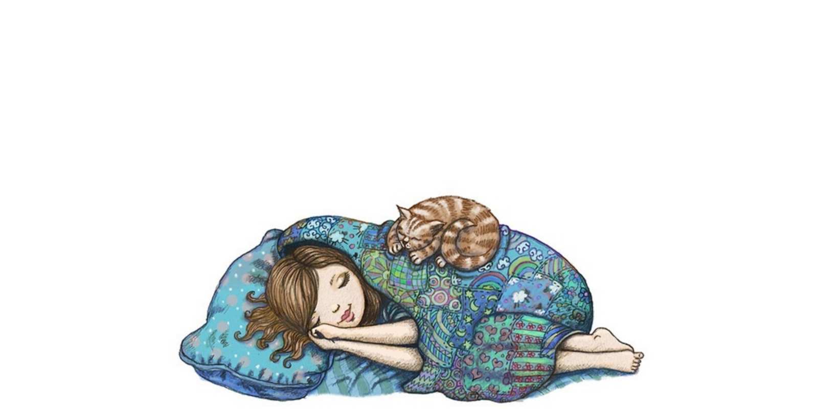 Открытка девочка спит с котом пожелания сладких снов для подруги Қайырлы түн 