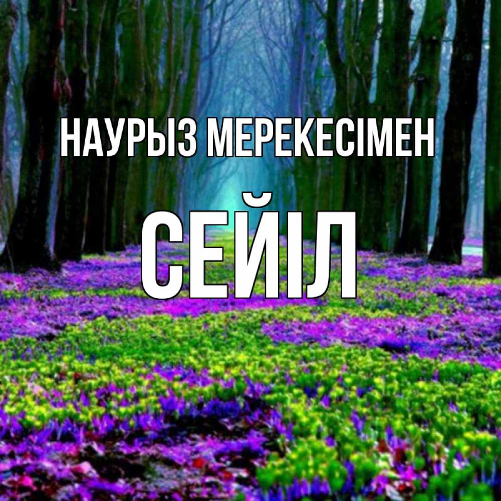 Күн сайын ашық хат с именем, СЕЙІЛ Наурыз мерекесімен фиолетовые цветы в лесу 1 Онлайн тегін жүктеп алу тілектері бар керемет карта 