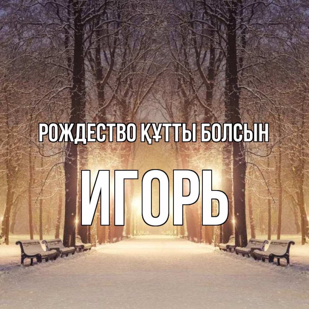 Күн сайын ашық хат с именем, Игорь Рождество құтты болсын зима, парк, фонарь, лес Онлайн тегін жүктеп алу тілектері бар керемет карта 