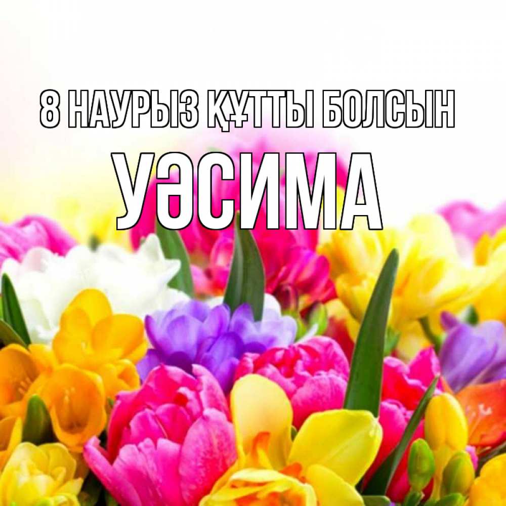 Күн сайын ашық хат с именем, УӘСИМА 8 наурыз құтты болсын тюльпаны Онлайн тегін жүктеп алу тілектері бар керемет карта 