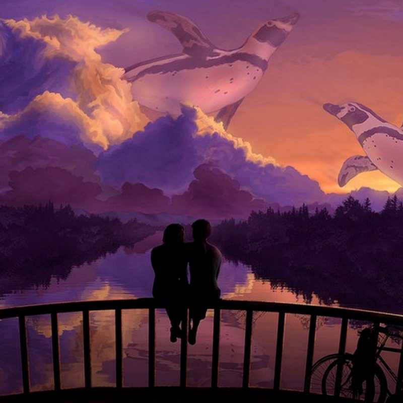 Открытка абстракция и люди  парочка сидит на мосте или на набережной  сені құшақтағым келеді 