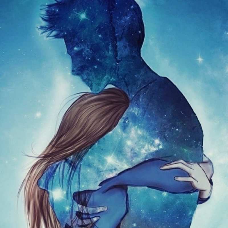 Открытка парень из звезд обнимает девушку  абстракция  сені құшақтағым келеді 