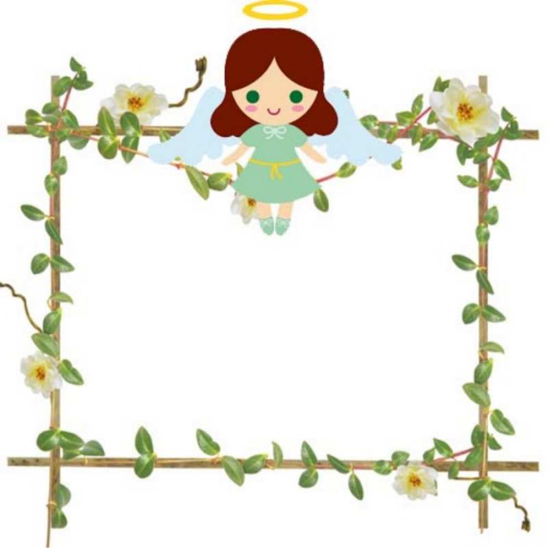 Открытка Ангел сидит на рамочке из цветов  Ангел с нимбом  Туған күнің құтты болсын 