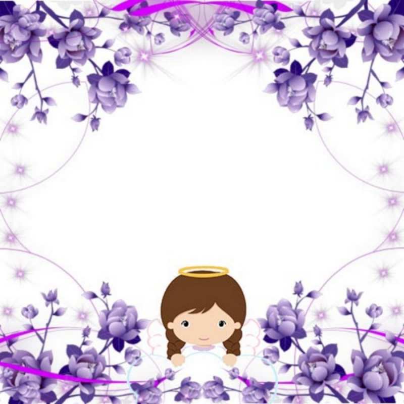 Открытка Ангел с нимбом и фиолетовые цветы  с именинами в рамочке  Туған күнің құтты болсын 