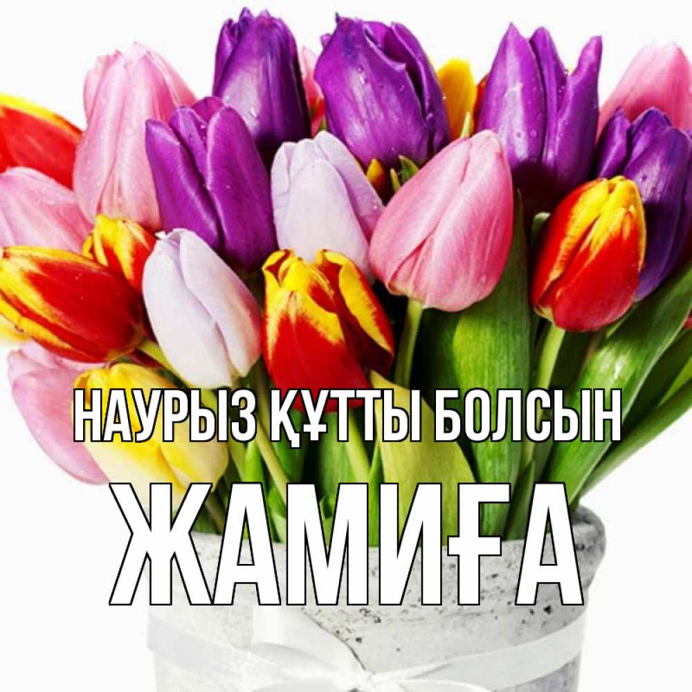 Күн сайын ашық хат с именем, ЖАМИҒА Наурыз құтты болсын букет Онлайн тегін жүктеп алу тілектері бар керемет карта 