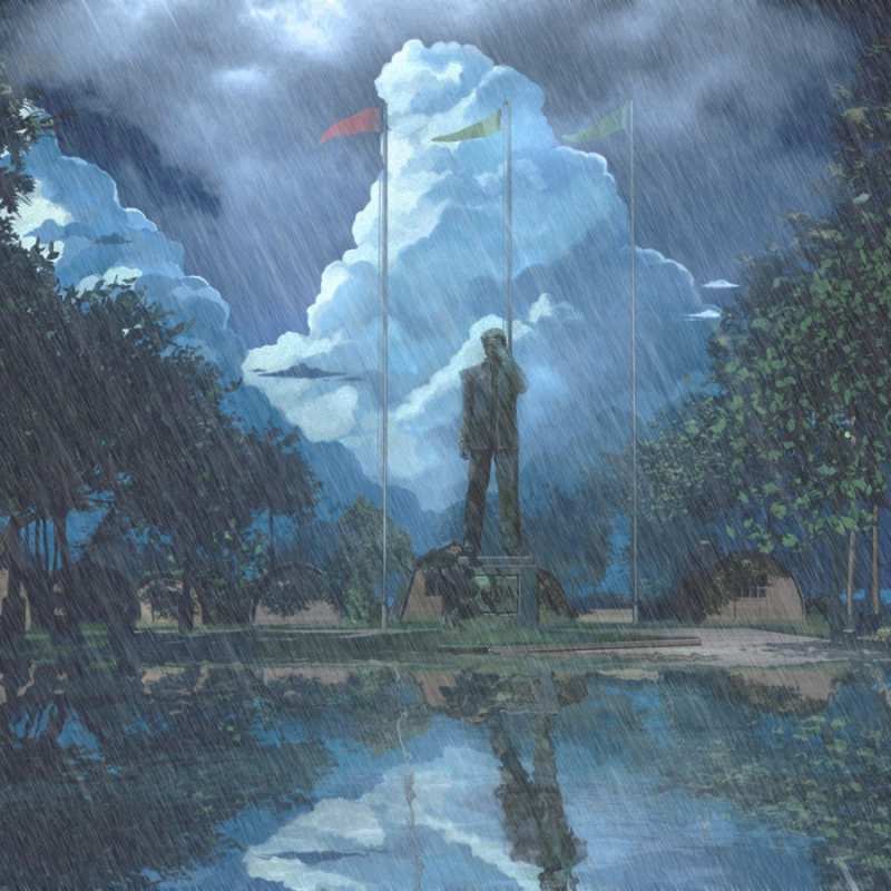 Открытка памятник под дождем  небо и флаги  Мұңайма 