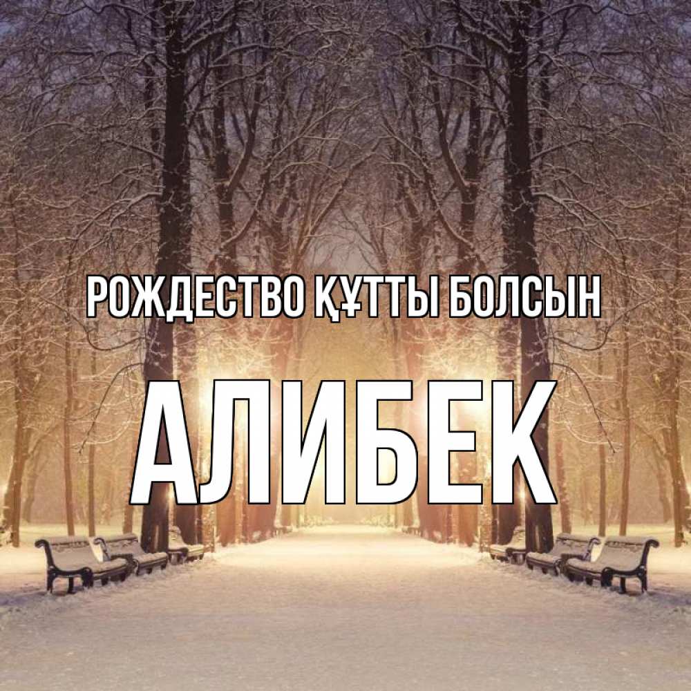 Күн сайын ашық хат с именем, Алибек Рождество құтты болсын зима, парк, фонарь, лес Онлайн тегін жүктеп алу тілектері бар керемет карта 