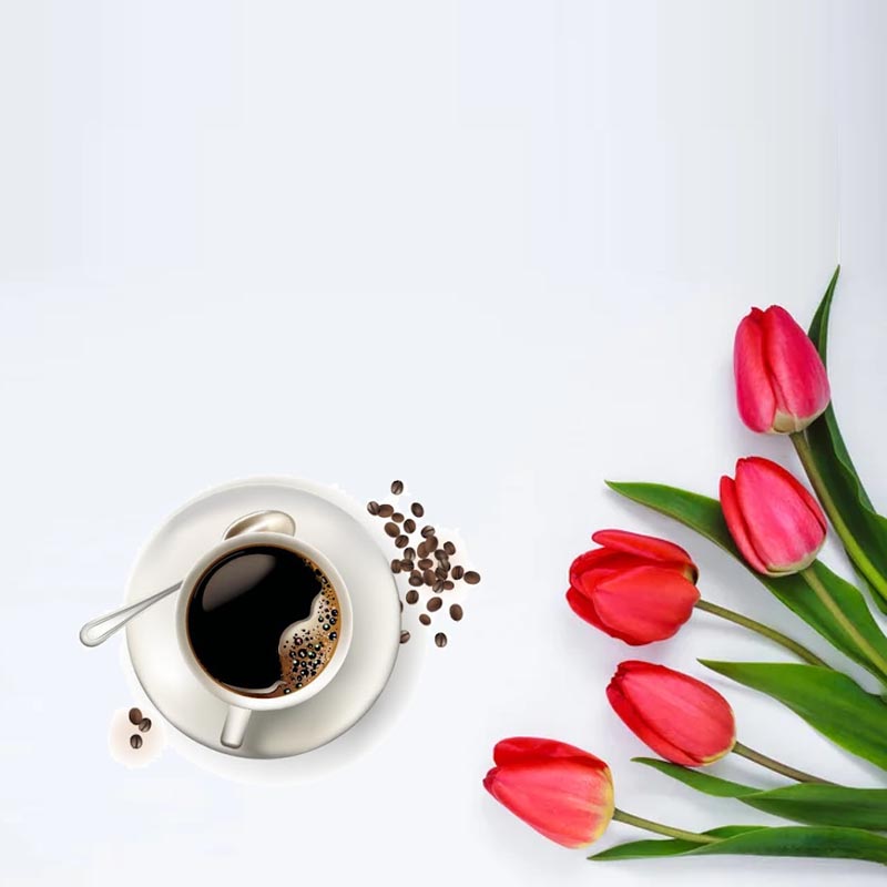 Открытка тюльпаны и кофе  красное блюдце  Қайырлы таң 