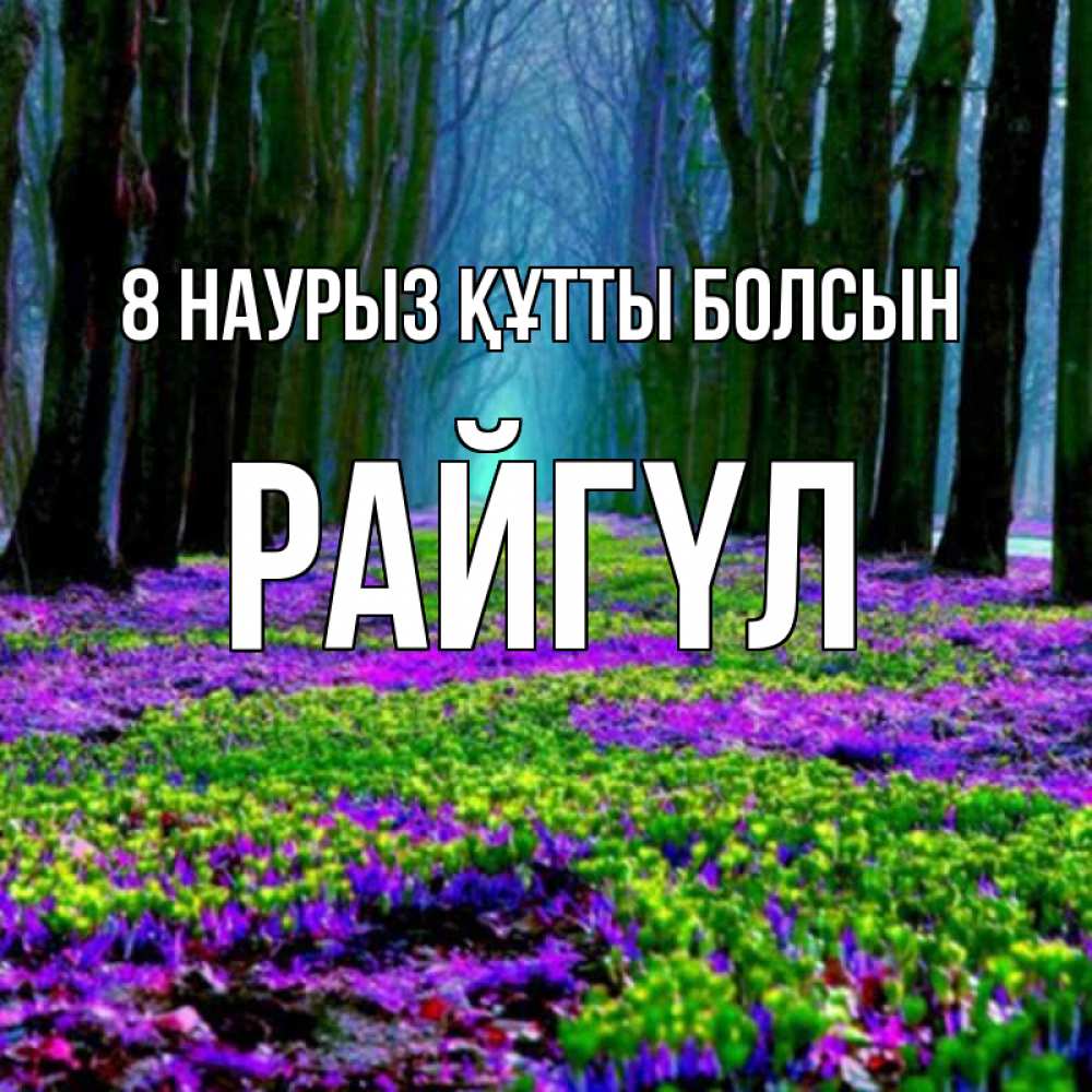 Күн сайын ашық хат с именем, РАЙГҮЛ 8 наурыз құтты болсын фиолетовые цветы в лесу 1 Онлайн тегін жүктеп алу тілектері бар керемет карта 