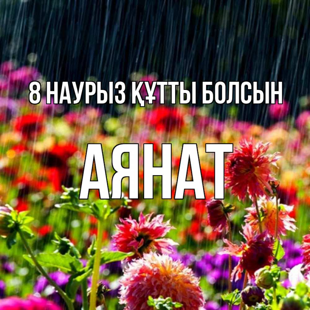 Күн сайын ашық хат с именем, АЯНАТ 8 наурыз құтты болсын цветы под дождиком к международному женскому дню Онлайн тегін жүктеп алу тілектері бар керемет карта 