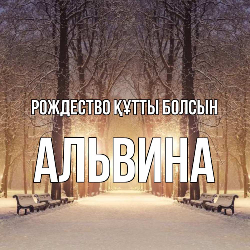 Күн сайын ашық хат с именем, Альвина Рождество құтты болсын зима, парк, фонарь, лес Онлайн тегін жүктеп алу тілектері бар керемет карта 