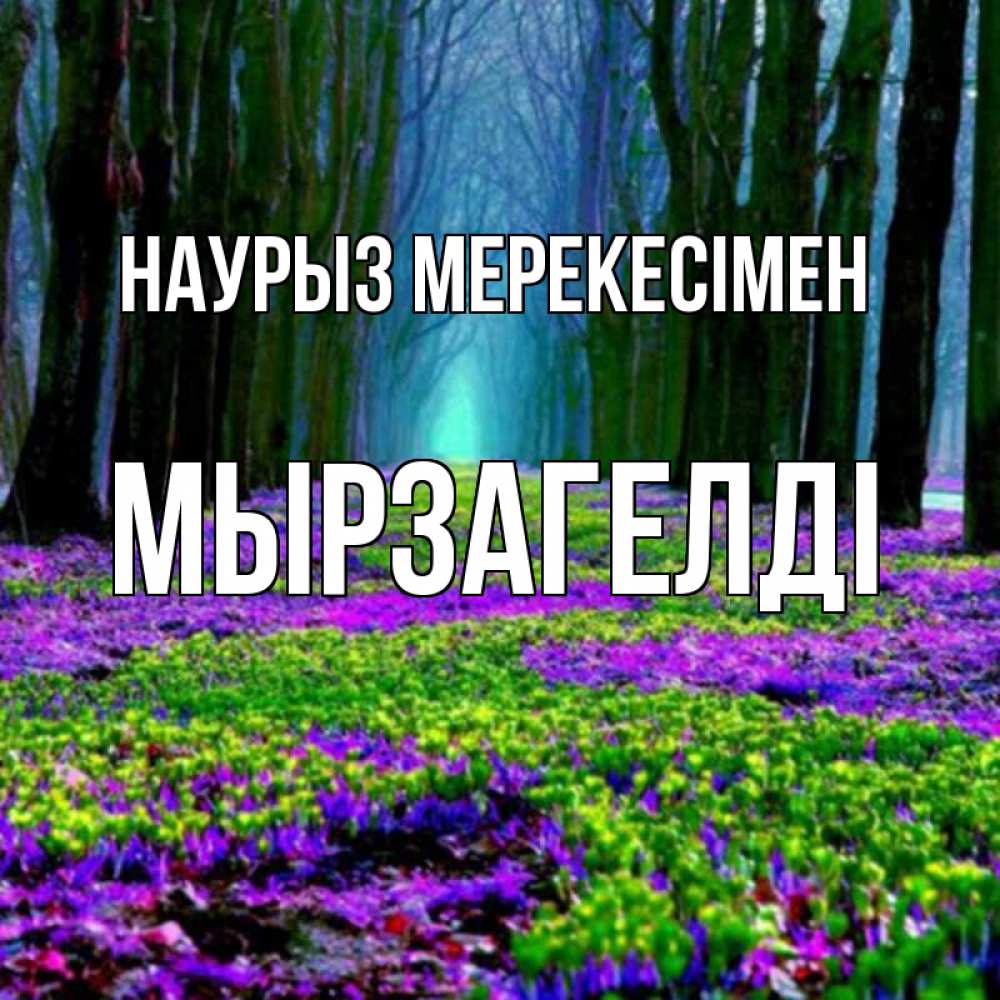 Күн сайын ашық хат с именем, Мырзагелді Наурыз мерекесімен фиолетовые цветы в лесу 1 Онлайн тегін жүктеп алу тілектері бар керемет карта 