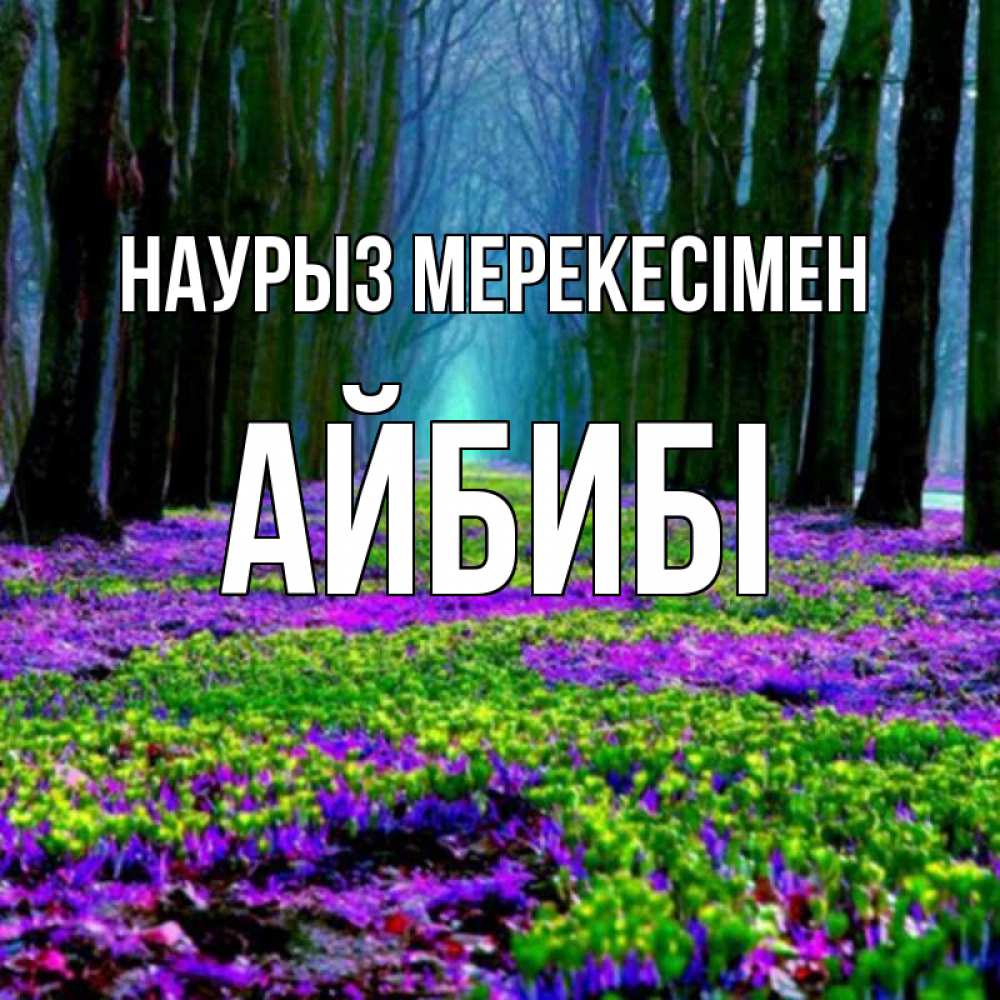 Күн сайын ашық хат с именем, АЙБИБІ Наурыз мерекесімен фиолетовые цветы в лесу 1 Онлайн тегін жүктеп алу тілектері бар керемет карта 
