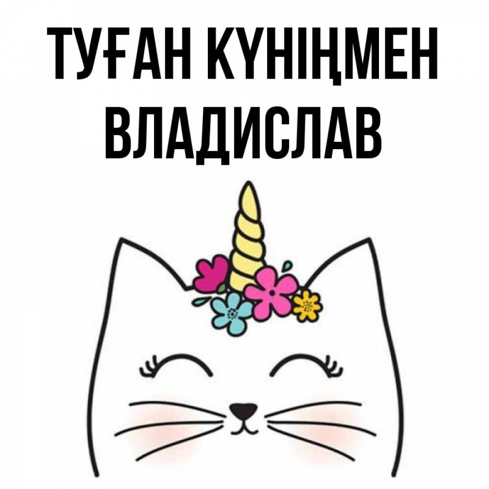 Күн сайын ашық хат с именем, Владислав Туған күніңмен милый кот с одним рожком Онлайн тегін жүктеп алу тілектері бар керемет карта 