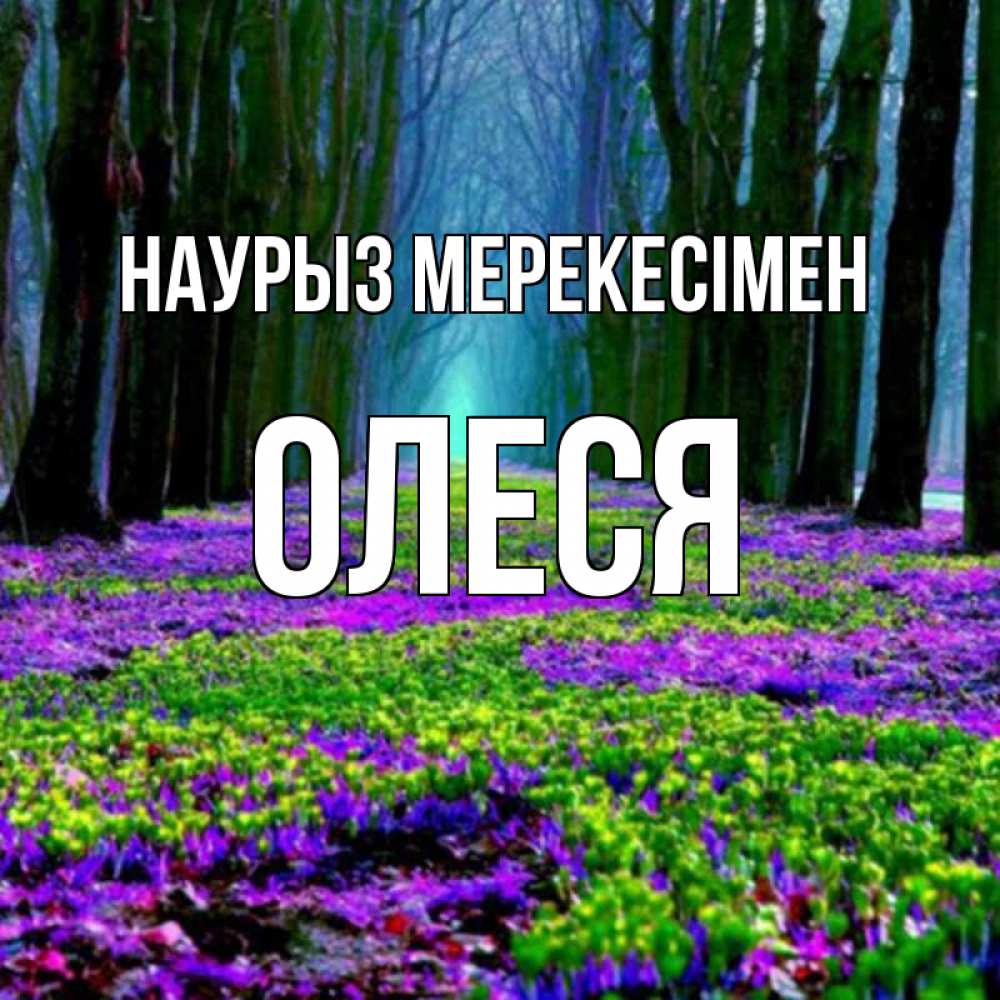 Күн сайын ашық хат с именем, Олеся Наурыз мерекесімен фиолетовые цветы в лесу 1 Онлайн тегін жүктеп алу тілектері бар керемет карта 