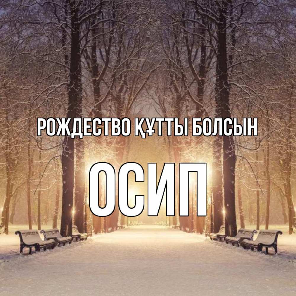 Күн сайын ашық хат с именем, Осип Рождество құтты болсын зима, парк, фонарь, лес Онлайн тегін жүктеп алу тілектері бар керемет карта 