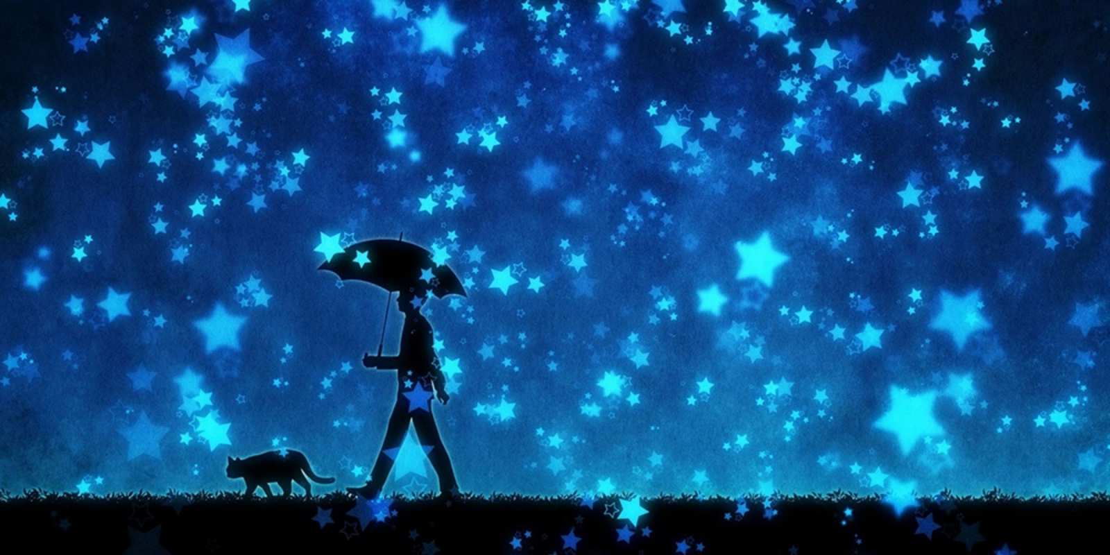 Открытка прогулка под зонтом  ночные прогулки с котом под звездами Қайырлы түн 