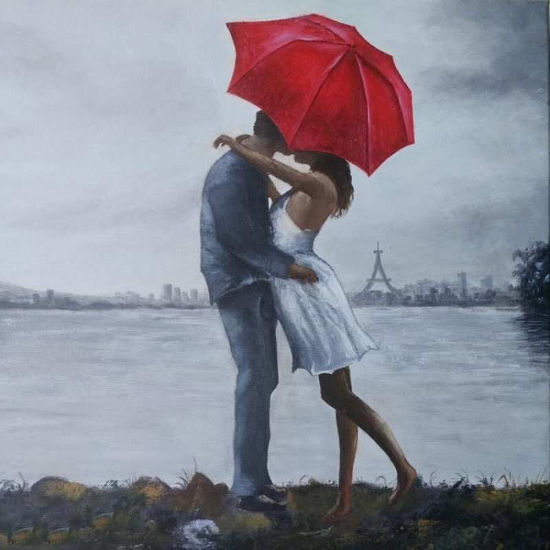 Открытка поцелуй  под красным зонтом  Мен сені сүйемін 