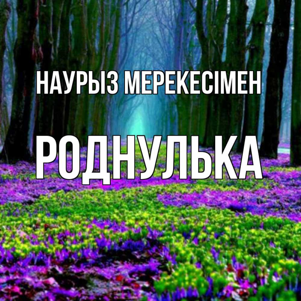 Күн сайын ашық хат с именем, Роднулька Наурыз мерекесімен фиолетовые цветы в лесу 1 Онлайн тегін жүктеп алу тілектері бар керемет карта 