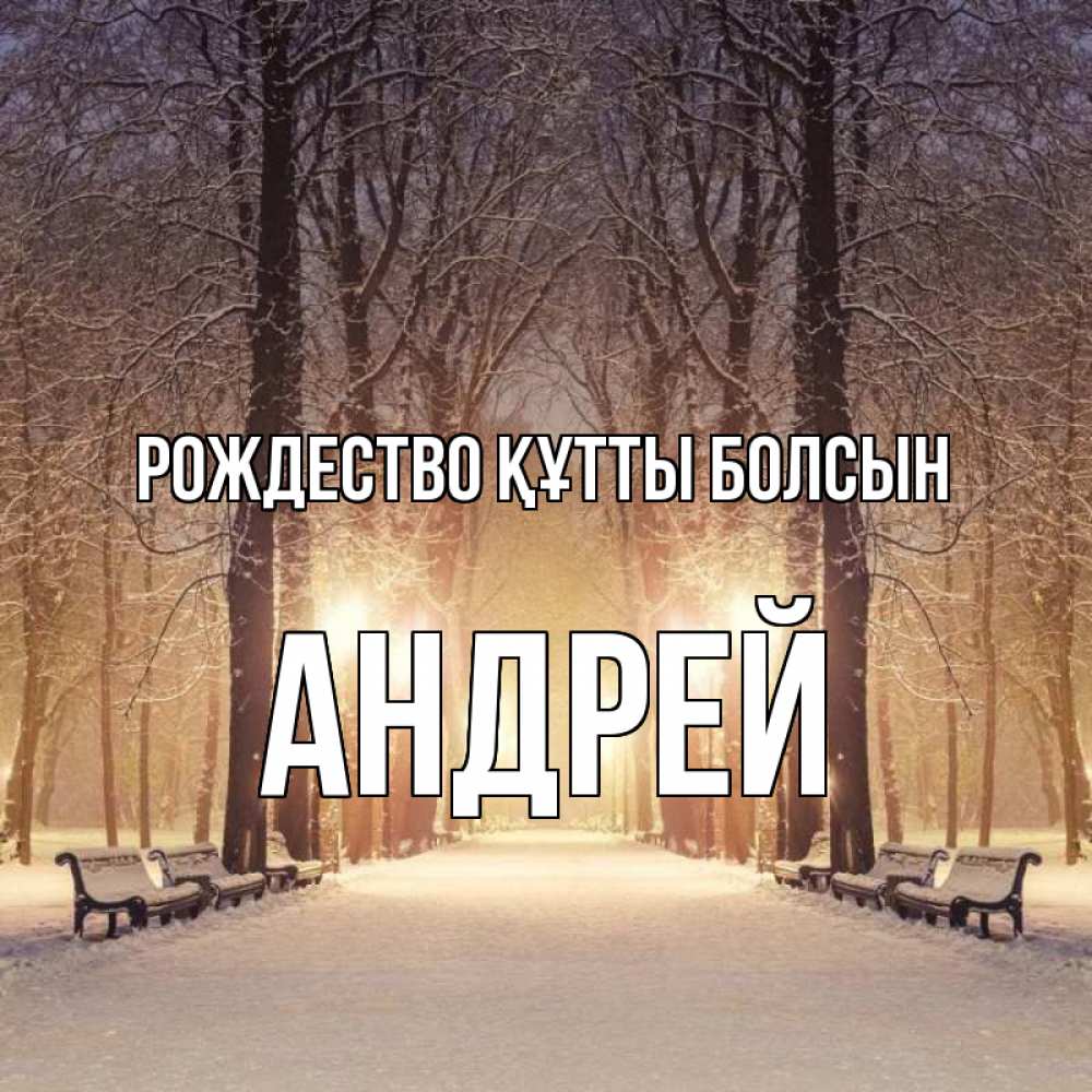 Күн сайын ашық хат с именем, Андрей Рождество құтты болсын зима, парк, фонарь, лес Онлайн тегін жүктеп алу тілектері бар керемет карта 