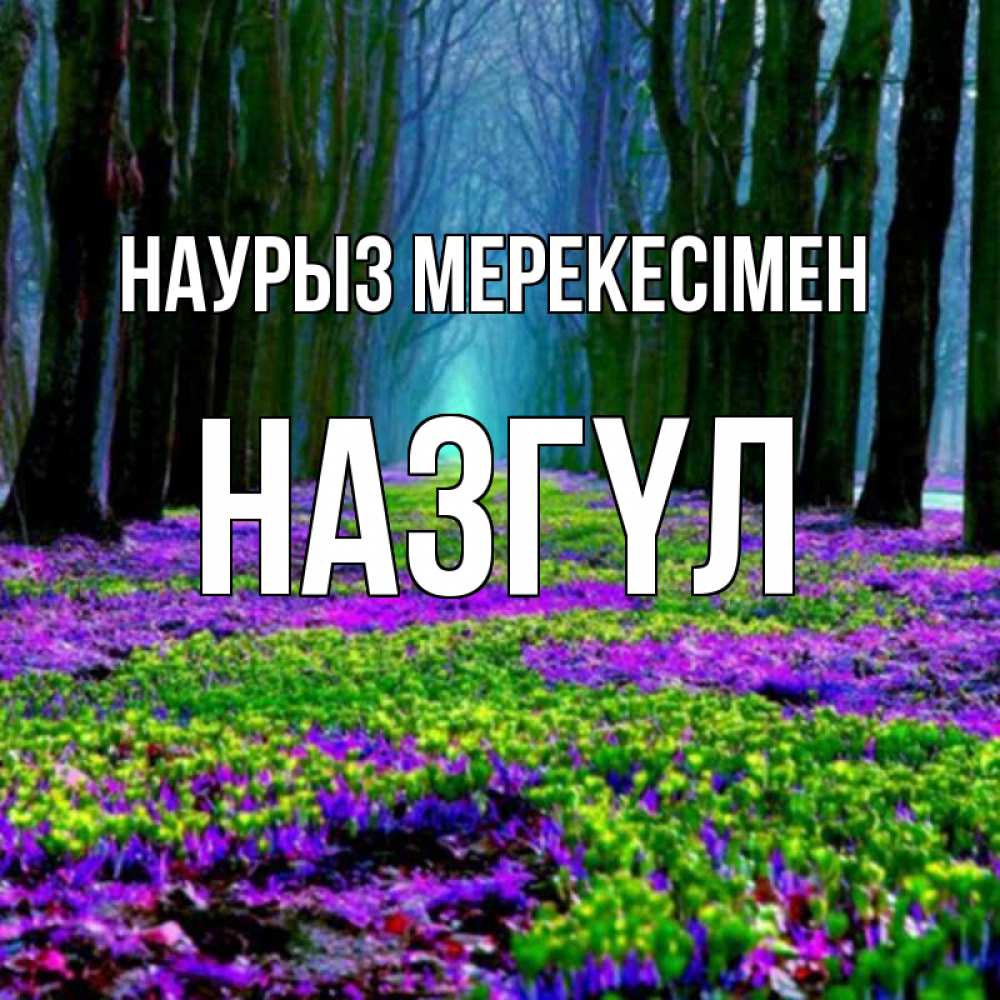 Күн сайын ашық хат с именем, НАЗГҮЛ Наурыз мерекесімен фиолетовые цветы в лесу 1 Онлайн тегін жүктеп алу тілектері бар керемет карта 