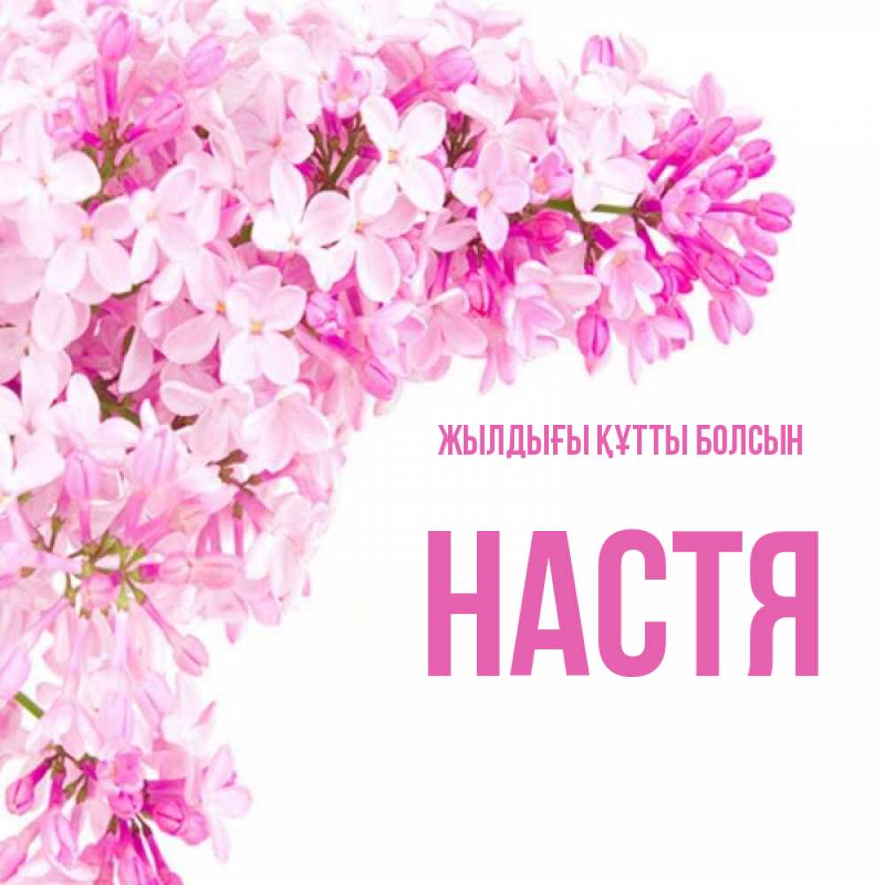 Күн сайын ашық хат с именем, Настя Жылдығы құтты болсын Сирень на белом фоне Онлайн тегін жүктеп алу тілектері бар керемет карта 