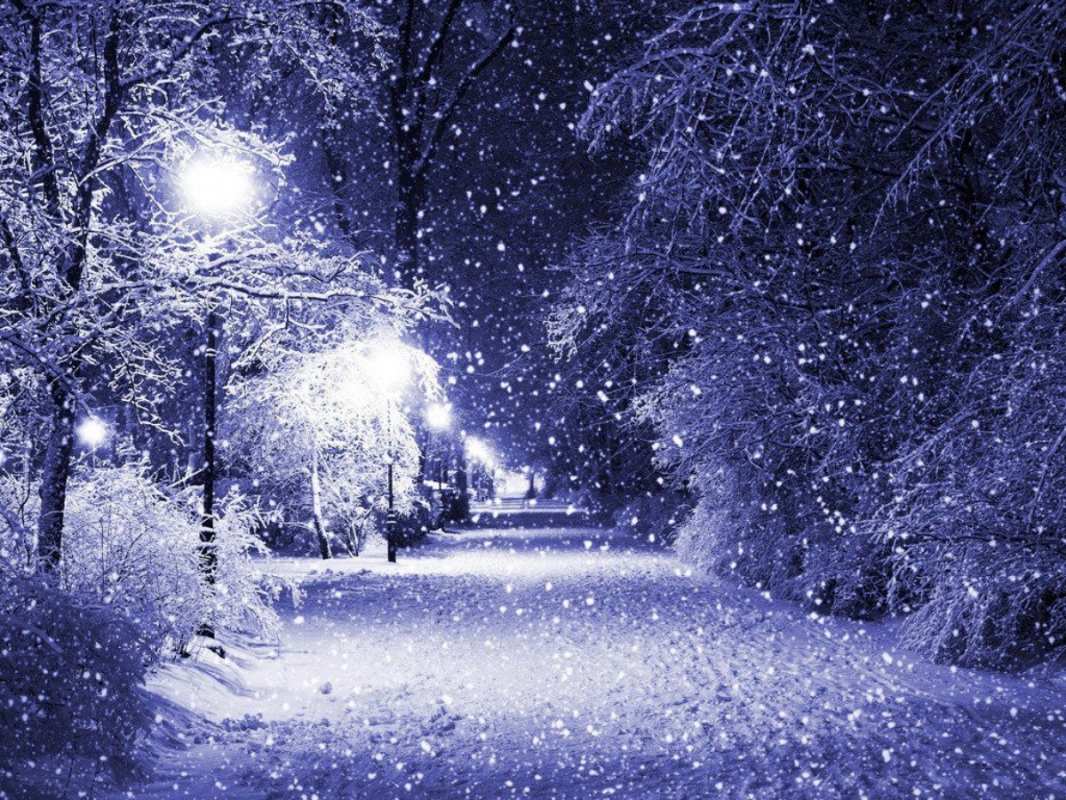 Открытка зимняя улица  зима, снег, фонарь  Рождество құтты болсын 