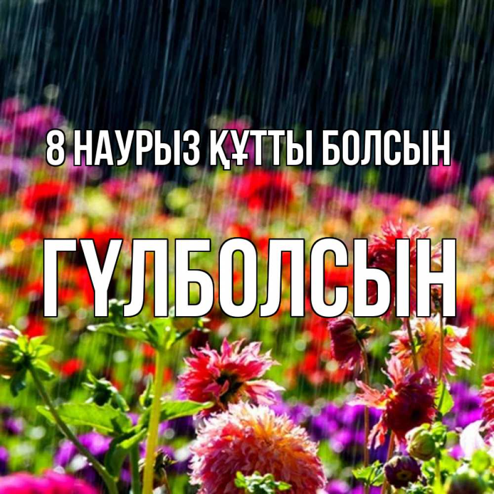 Күн сайын ашық хат с именем, ГҮЛБОЛСЫН 8 наурыз құтты болсын цветы под дождиком к международному женскому дню Онлайн тегін жүктеп алу тілектері бар керемет карта 