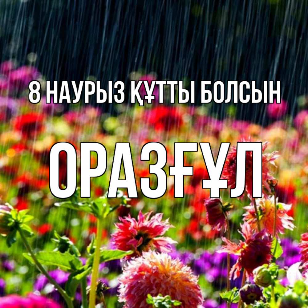 Күн сайын ашық хат с именем, ОРАЗҒҰЛ 8 наурыз құтты болсын цветы под дождиком к международному женскому дню Онлайн тегін жүктеп алу тілектері бар керемет карта 