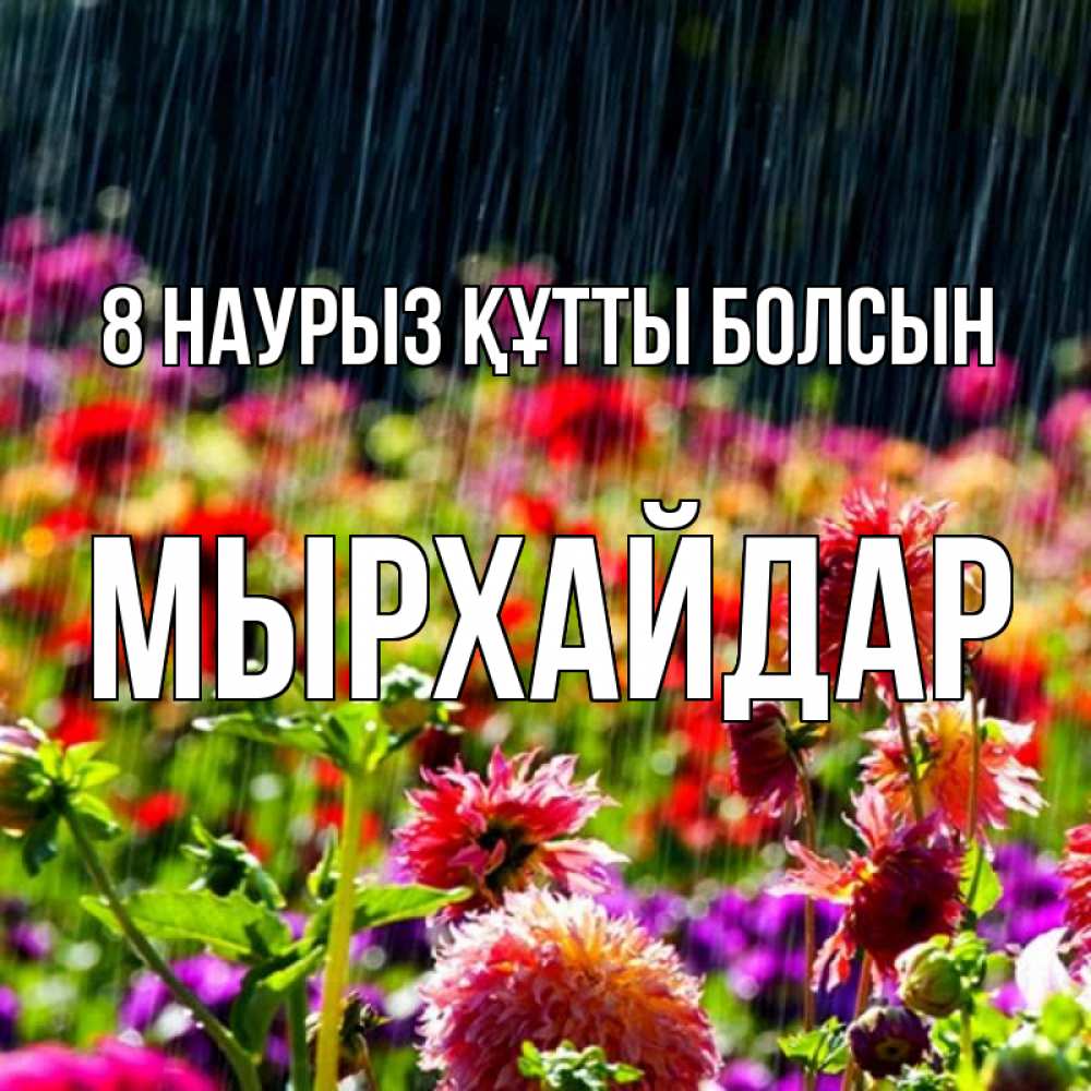 Күн сайын ашық хат с именем, МЫРХАЙДАР 8 наурыз құтты болсын цветы под дождиком к международному женскому дню Онлайн тегін жүктеп алу тілектері бар керемет карта 