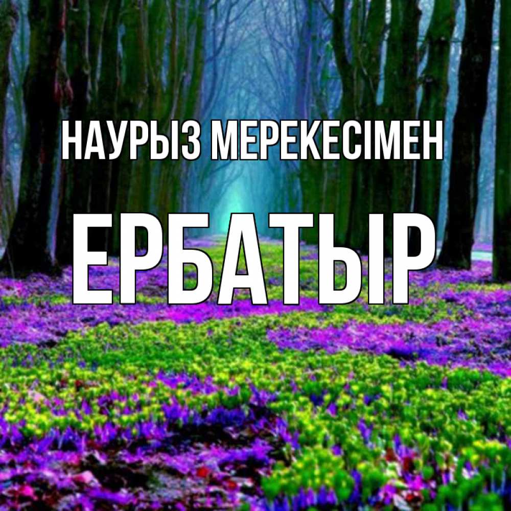 Күн сайын ашық хат с именем, Ербатыр Наурыз мерекесімен фиолетовые цветы в лесу 1 Онлайн тегін жүктеп алу тілектері бар керемет карта 