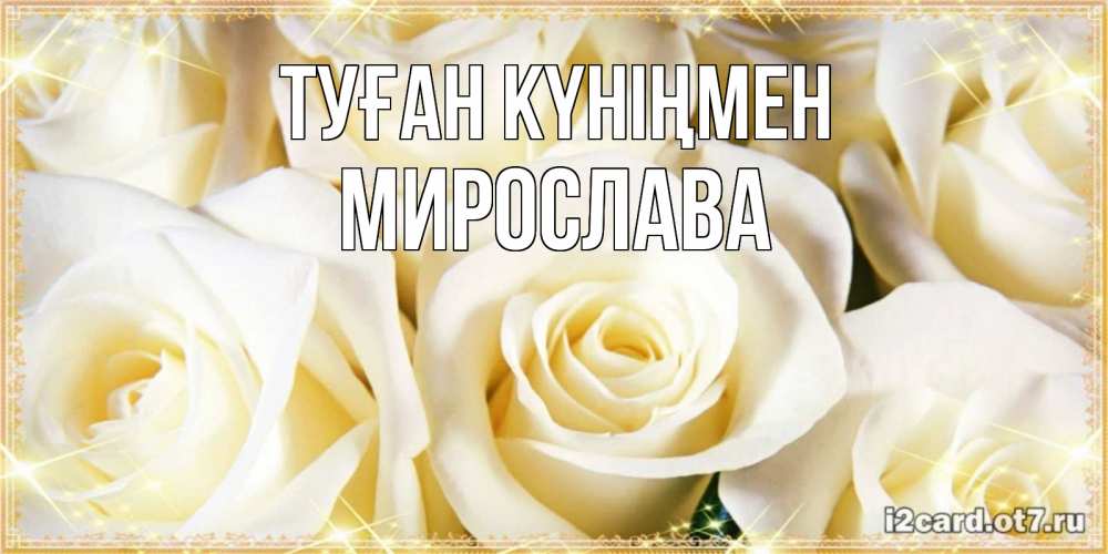 Күн сайын ашық хат с именем, Мирослава Туған күніңмен розочки белого цвета на открытке Онлайн тегін жүктеп алу тілектері бар керемет карта 