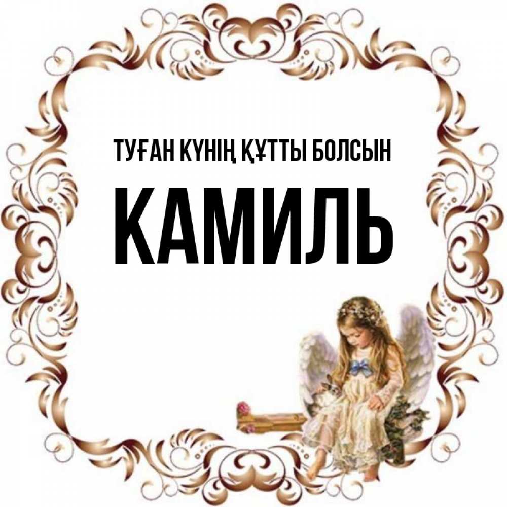 Күн сайын ашық хат с именем, Камиль Туған күнің құтты болсын рамочка из перьев и ангелочек Онлайн тегін жүктеп алу тілектері бар керемет карта 
