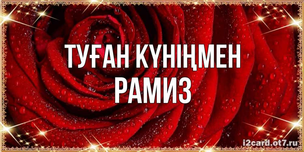 Күн сайын ашық хат с именем, РАМИЗ Туған күніңмен роса на розе блестящая в лучах солнца Онлайн тегін жүктеп алу тілектері бар керемет карта 