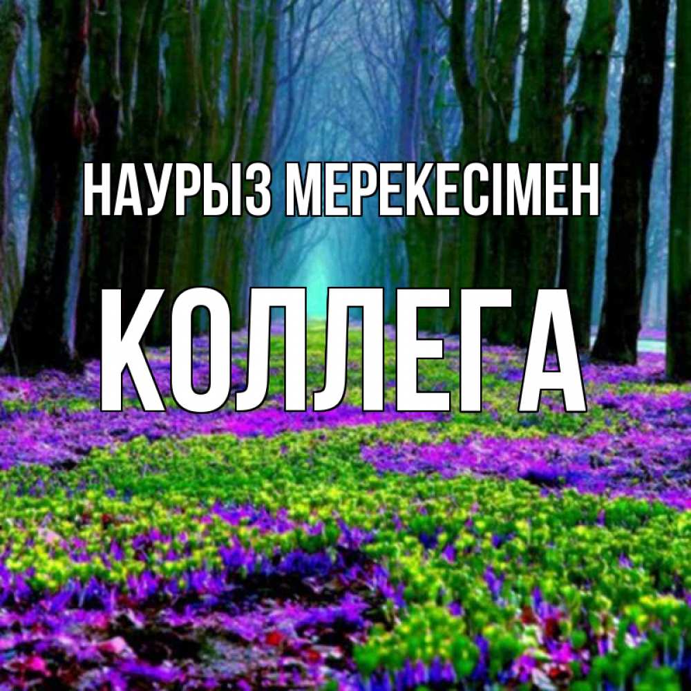 Күн сайын ашық хат с именем, Коллега Наурыз мерекесімен фиолетовые цветы в лесу 1 Онлайн тегін жүктеп алу тілектері бар керемет карта 