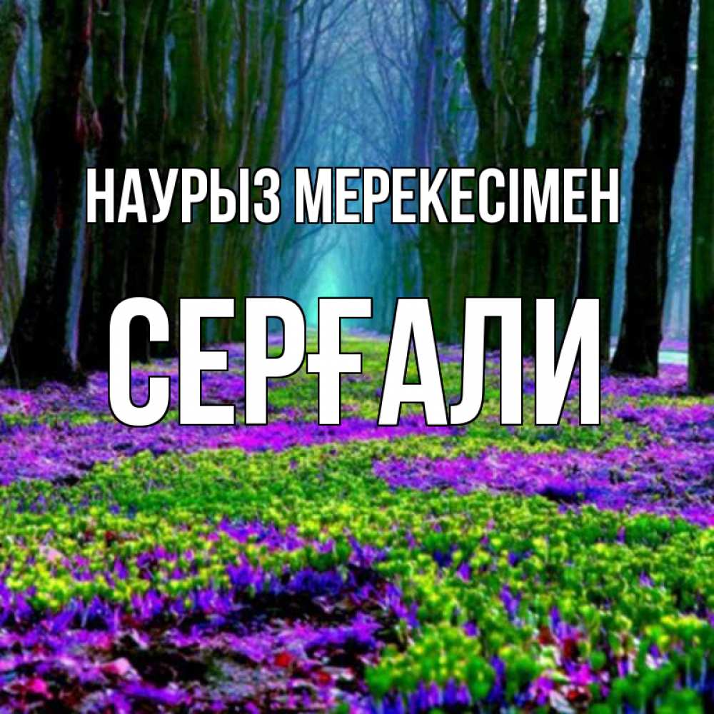 Күн сайын ашық хат с именем, СЕРҒАЛИ Наурыз мерекесімен фиолетовые цветы в лесу 1 Онлайн тегін жүктеп алу тілектері бар керемет карта 