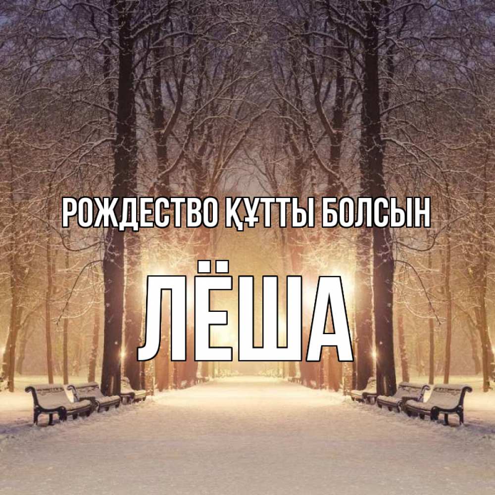 Күн сайын ашық хат с именем, Лёша Рождество құтты болсын зима, парк, фонарь, лес Онлайн тегін жүктеп алу тілектері бар керемет карта 